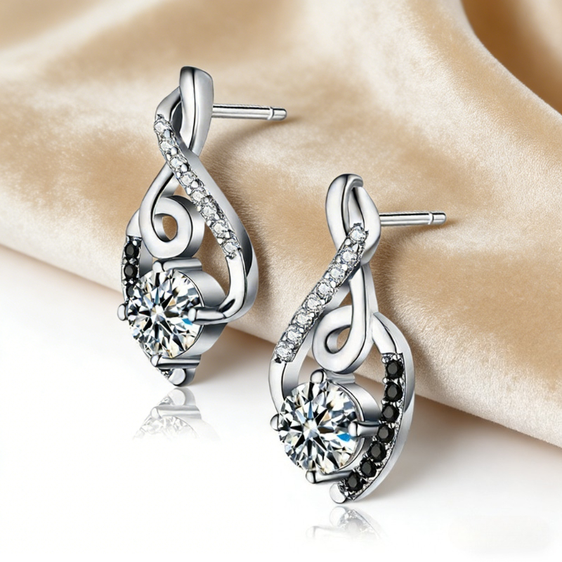 Silvery Floral Earrings with Black and White Stones, Vintage Style